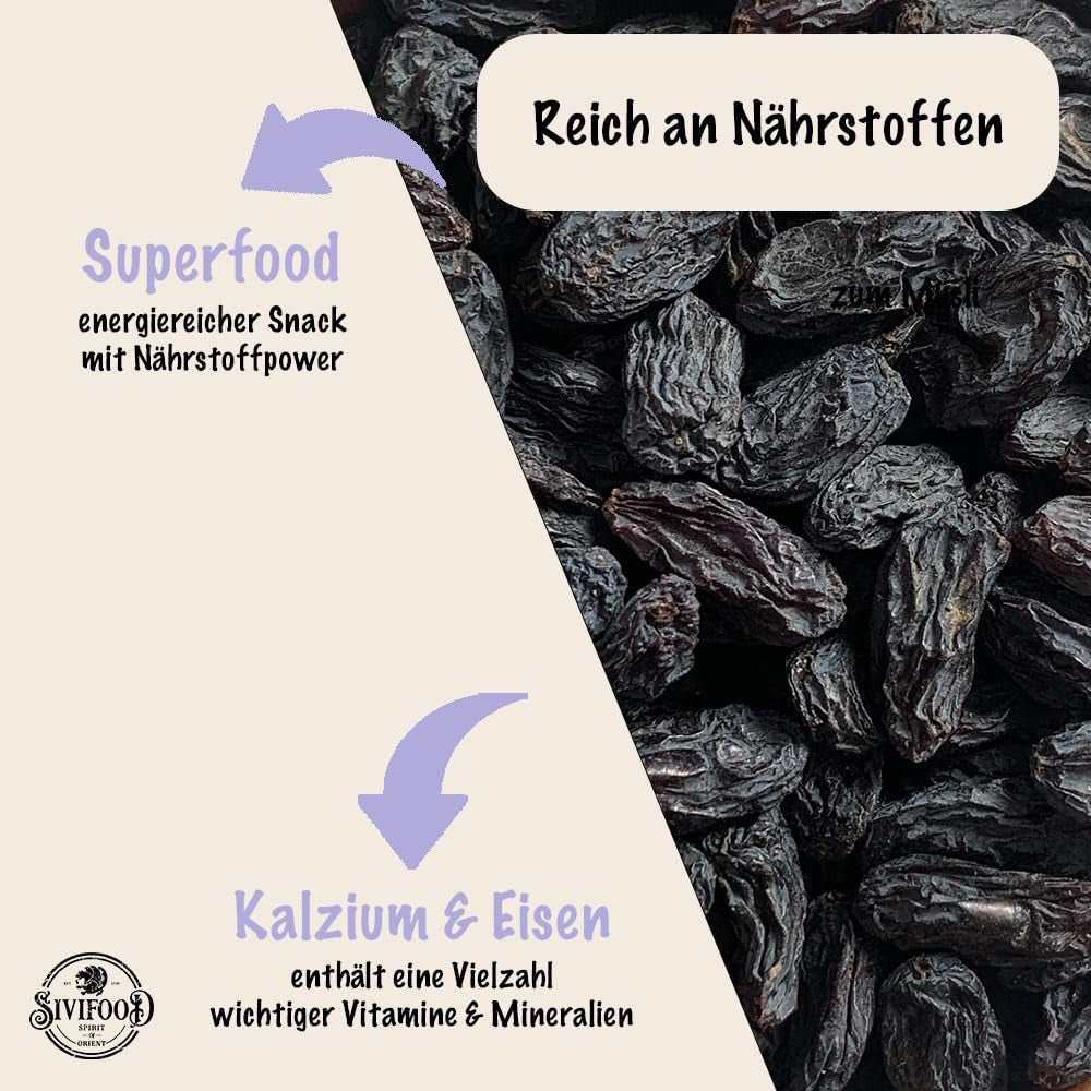 SIVIFOOD Jumbo schwarze Sultaninen 300 g – große und köstliche schwarze Sultaninen von höchster Qualität, natürlich getrocknete, süße, fruchtige Trauben, ungeschwefelt, ungesüßt, ungesüßt, ölfrei, Kishmish-Zusätze, dehydrierte Produkte, Naty Shop