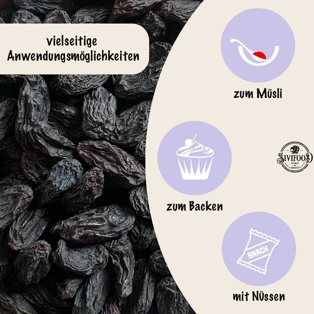 SIVIFOOD Jumbo schwarze Sultaninen 300 g – große und köstliche schwarze Sultaninen von höchster Qualität, natürlich getrocknete, süße, fruchtige Trauben, ungeschwefelt, ungesüßt, ungesüßt, ölfrei, Kishmish-Zusätze, dehydrierte Produkte, Naty Shop