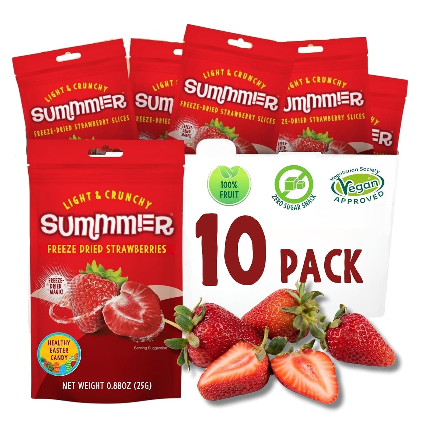 Gefriergetrocknete Sommererdbeeren – 5er-Packung – zuckerfrei, 100 % natürlich, köstliche knusprige Snacks für Kinder und Erwachsene, ideal für Müsli und Lunchboxen (55 g). Dehydrierte Produkte Naty Shop Packung mit 10 Erdbeeren