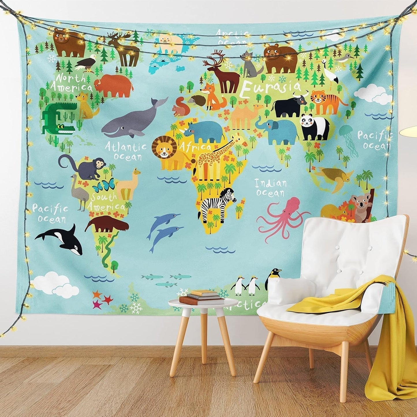 Wandteppich Abakuhaus Fernweh Tierkarte der Welt Zeichnungen Zuhause – Accessoires und Dekorationen Naty Shop