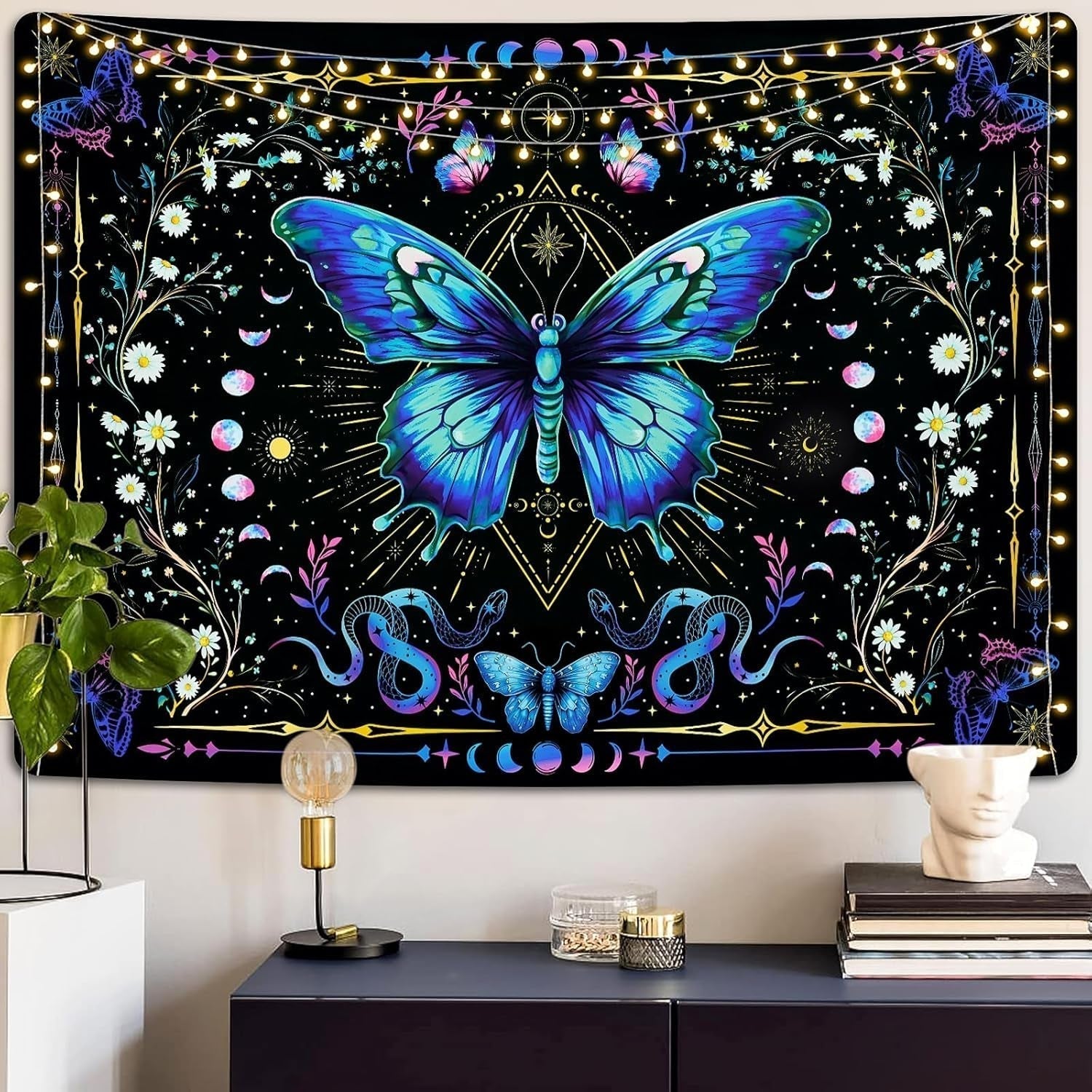 Gobelin Alishomtll Schmetterling Mondphase Blumen Gänseblümchen schwarz Zuhause – Accessoires und Dekorationen Naty Shop