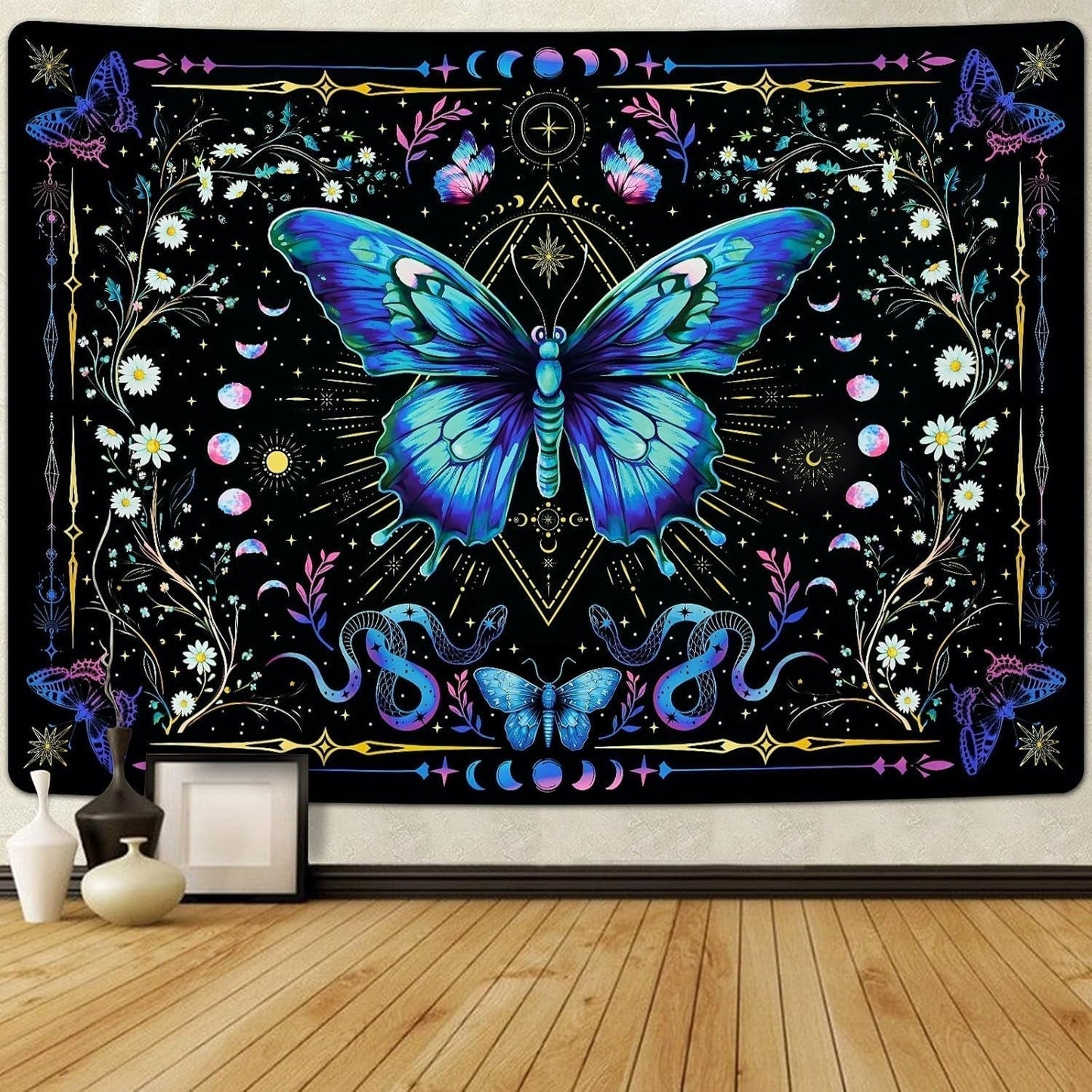 Gobelin Alishomtll Schmetterling Mondphase Blumen Gänseblümchen schwarz Zuhause – Accessoires und Dekorationen Naty Shop Multi 210 L x 150 B cm