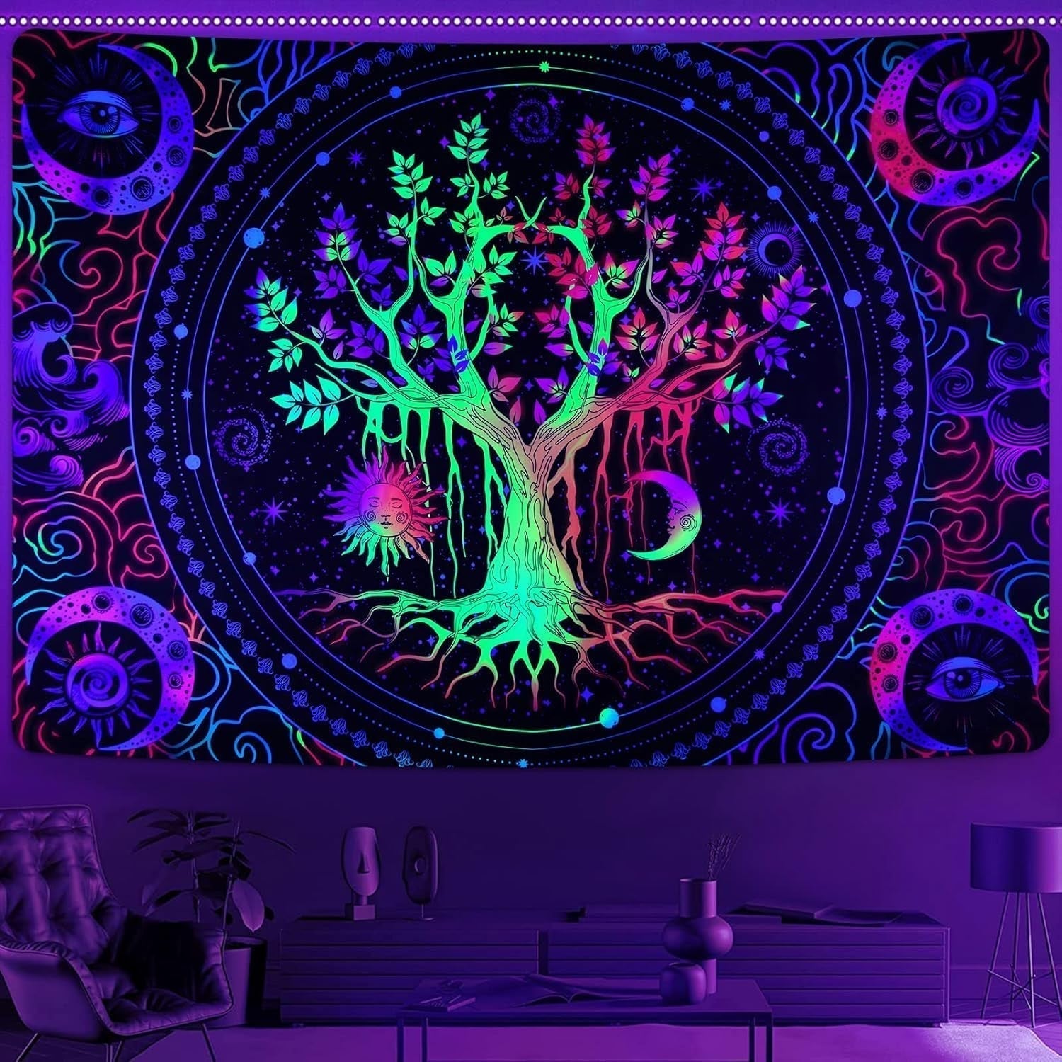 Tapisserie Alishomtll Baumleben fluoreszierende Sonne und Mond Zuhause – Accessoires und Dekorationen Naty Shop