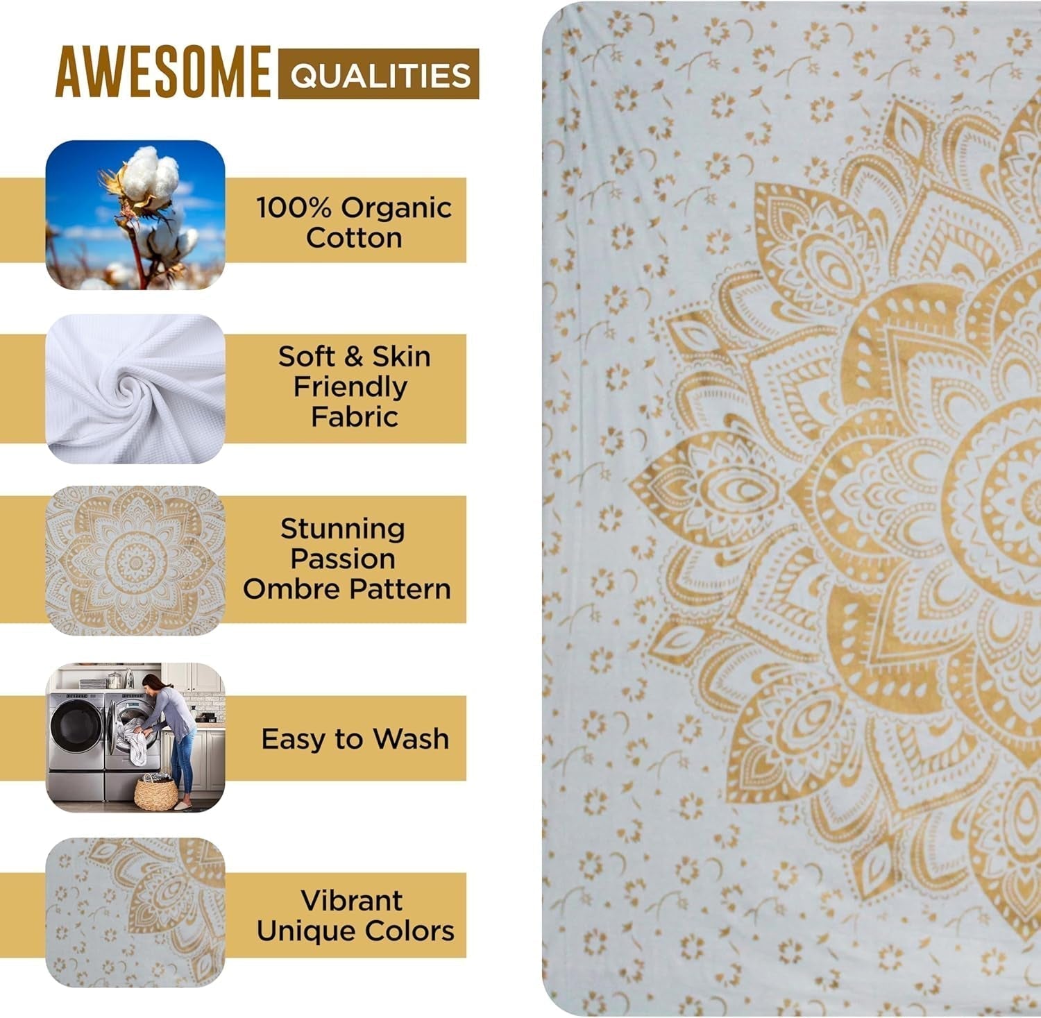 Gobelin mit goldenem Metallic-Mandala, Strandüberwurf aus indischer Baumwolle von Casa – Accessoires und Dekorationen Naty Shop