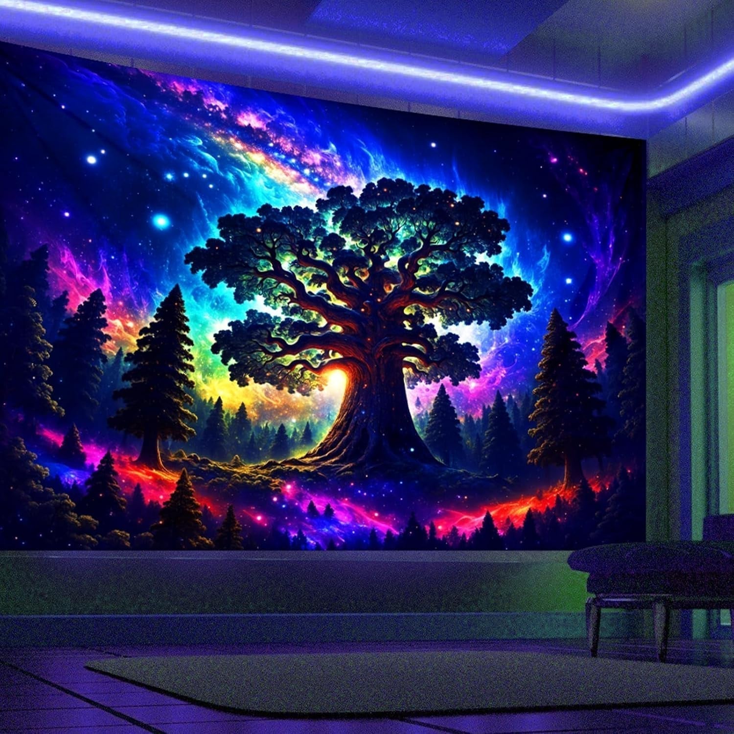 Wandteppich, Schwarzlicht, Wald, psychedelisch, Natur, Baum, Sterne, Galaxie, Zuhause – Accessoires und Dekorationen, Naty Shop, 200 L x 150 B cm