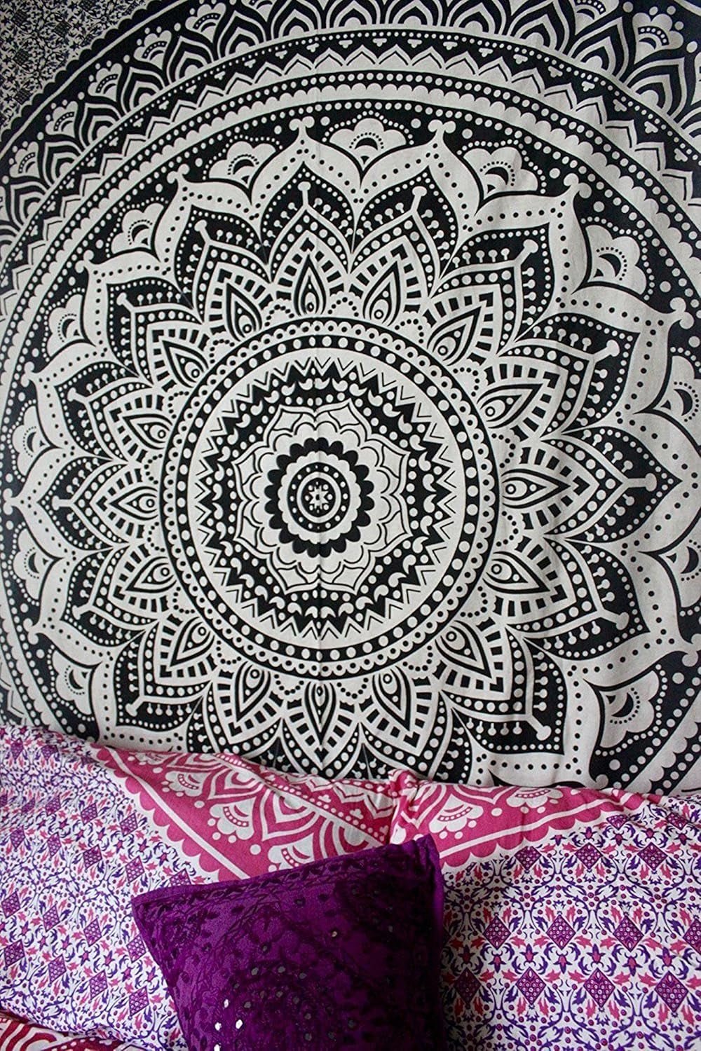 Indischer Wandteppich psychedelisches Mandala schwarz weiß India Home - Accessoires und Dekorationen Naty Shop