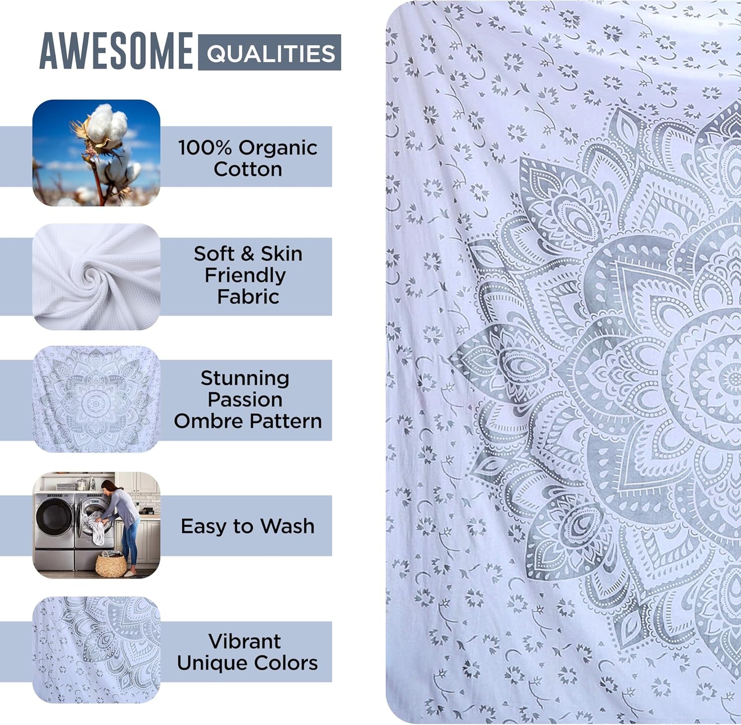 Indischer Wandteppich Mandala Silber Weiß Raumästhetische Leinwand Startseite – Accessoires und Dekorationen Naty Shop
