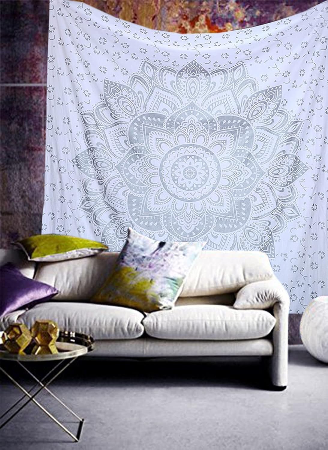 Indischer Wandteppich Mandala Silber Weiß Raumästhetische Leinwand Startseite – Accessoires und Dekorationen Naty Shop