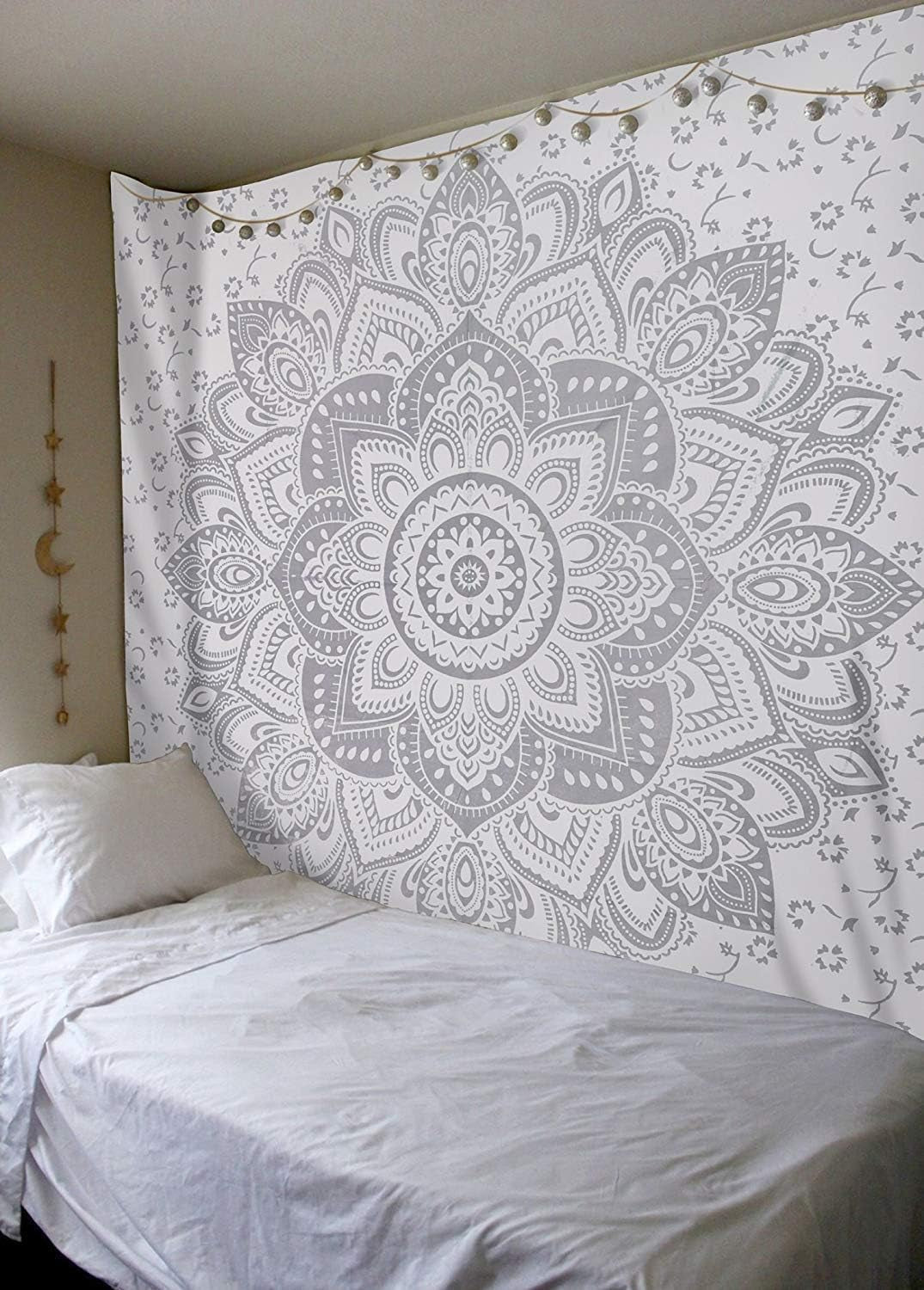 Indischer Wandteppich Mandala Silber Weiß Raumästhetische Leinwand Startseite – Accessoires und Dekorationen Naty Shop
