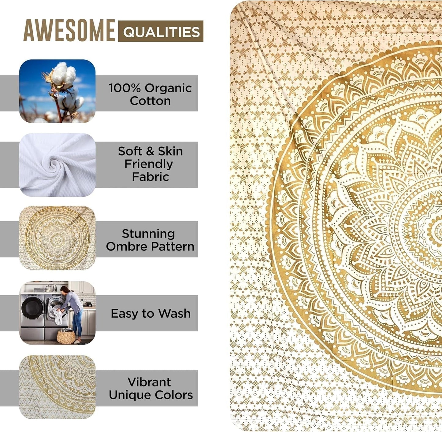 Mandala-Wandteppich, Raumdekoration, ästhetisches Gold, weiße Leinwand, Zuhause – Accessoires und Dekorationen, Naty Shop