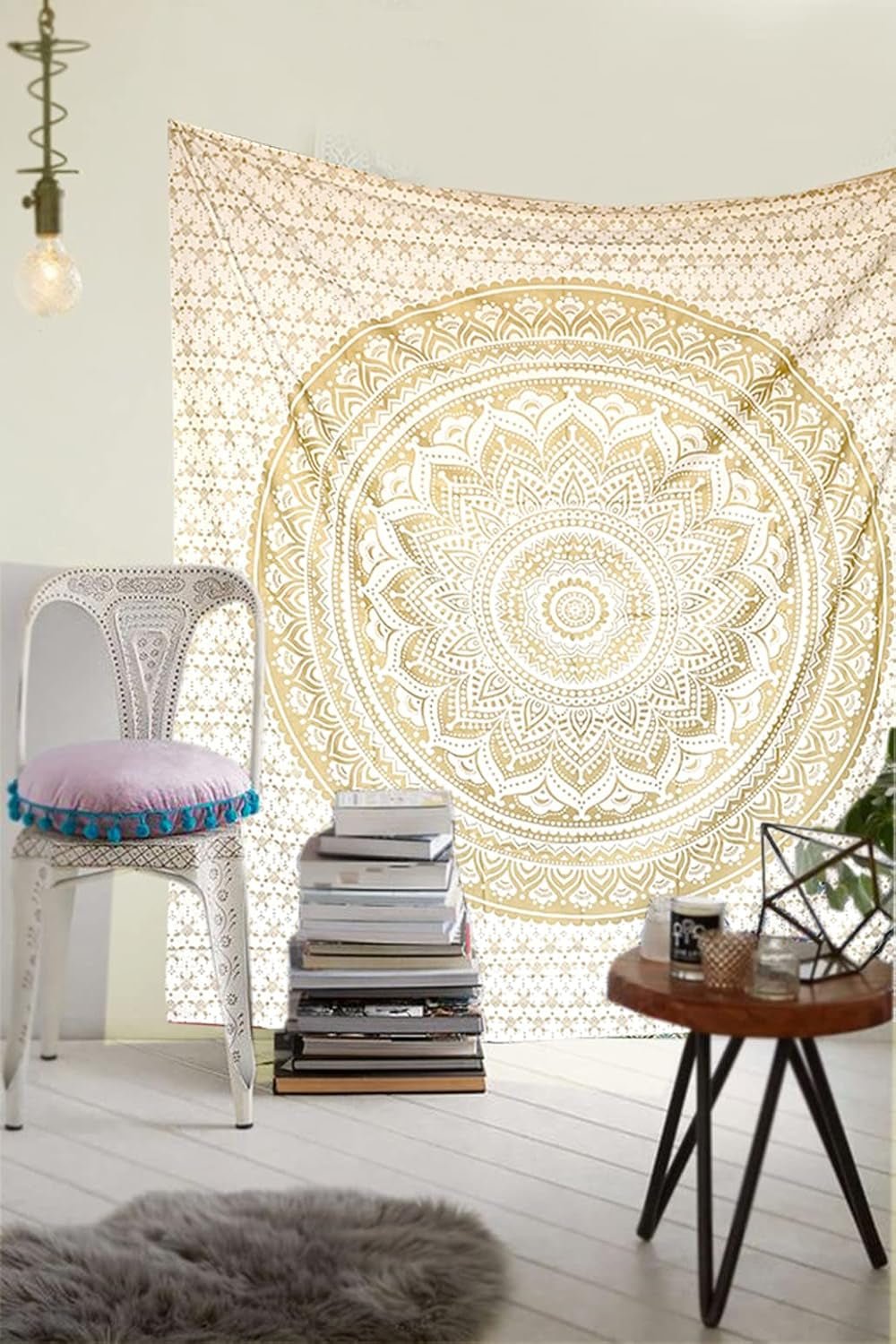 Mandala-Wandteppich, Raumdekoration, ästhetisches Gold, weiße Leinwand, Zuhause – Accessoires und Dekorationen, Naty Shop