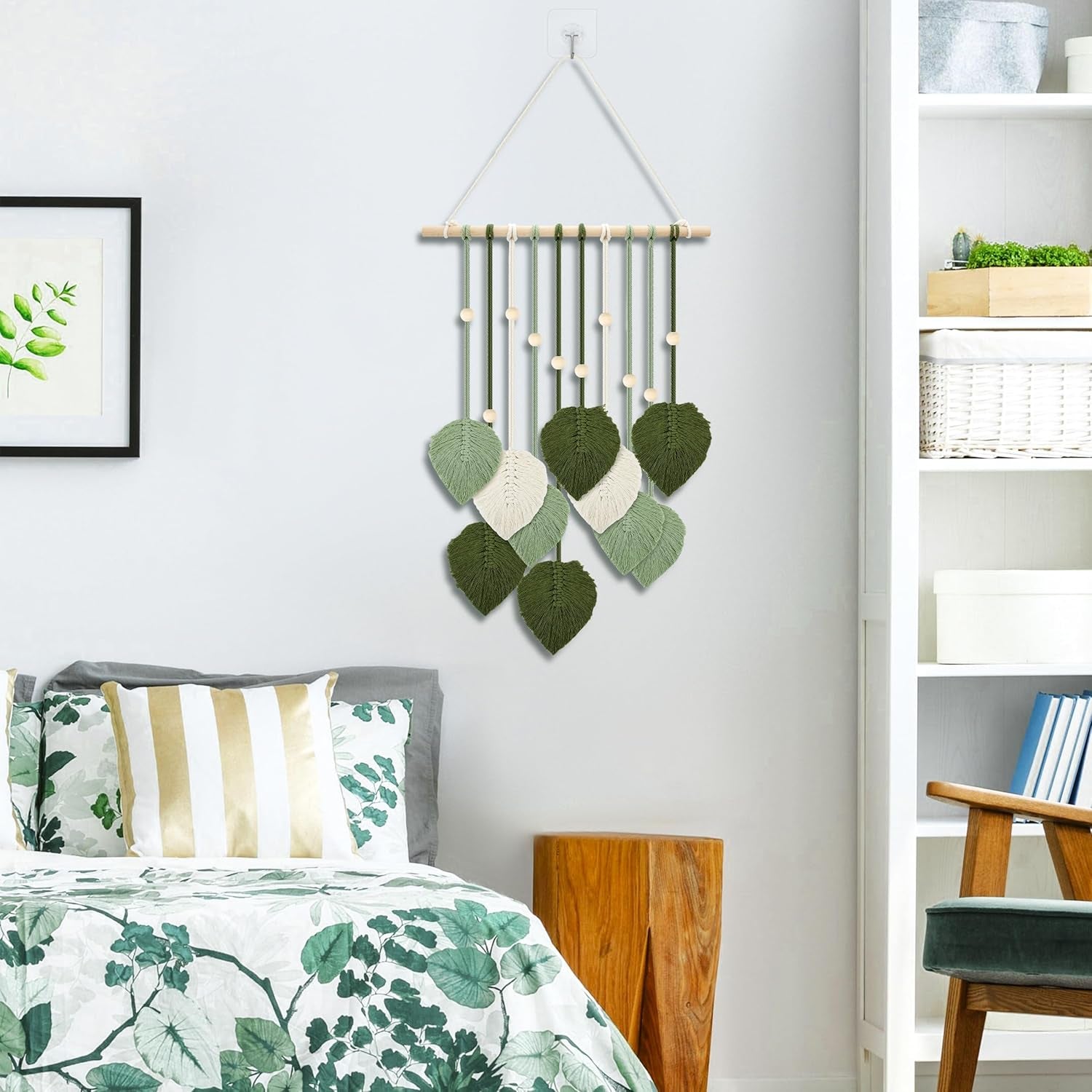 Wandteppich aus Holzperlen, grüne Blätter, Haken, Zuhause – Accessoires und Dekorationen, Naty Shop