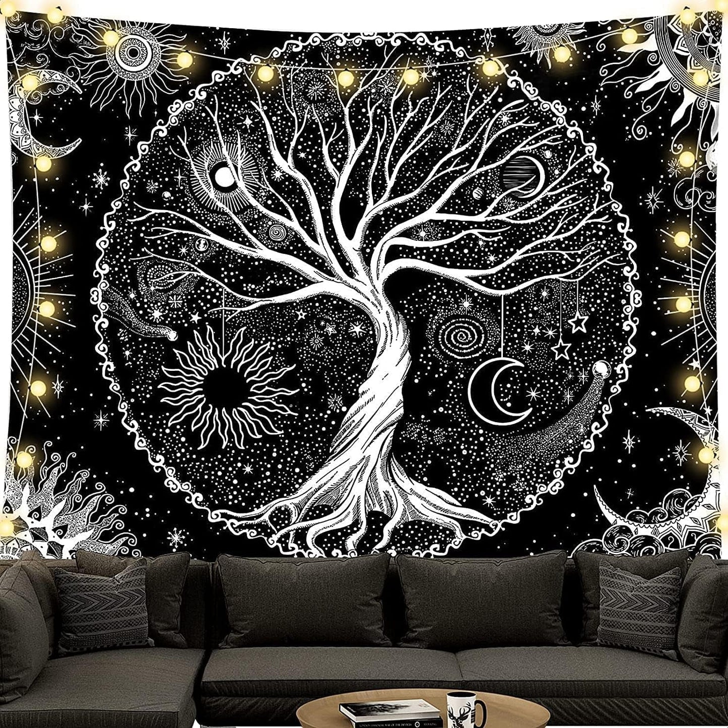Wandteppich schwarz-weiß Baum des Lebens Wandteppich Mondphasen Zuhause – Accessoires und Dekorationen Naty Shop Baum des Lebens 150 L x 130 B cm