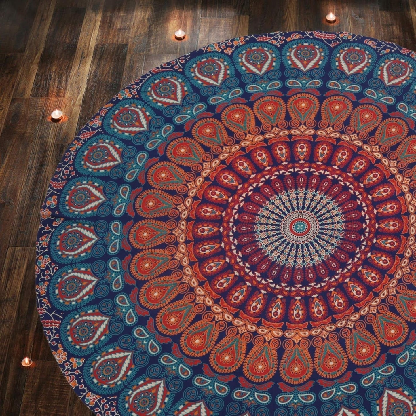 Runder Wandteppich Pfauenmandala Zentimeter Roundie Hippie-Gesicht Zuhause – Accessoires und Dekorationen Naty Shop Goldblau 122 L x 122 B cm