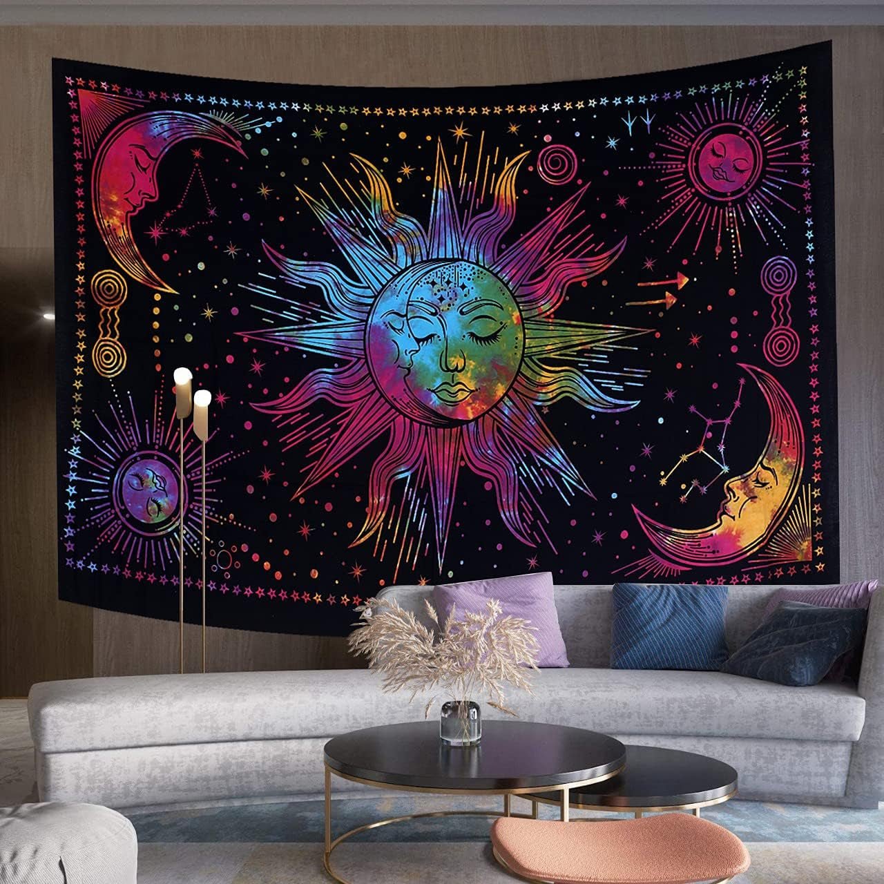 Wandteppich Sonne Mond Stern spirituell ästhetisch Regenbogen Baumwolle Zuhause – Accessoires und Dekorationen Naty Shop