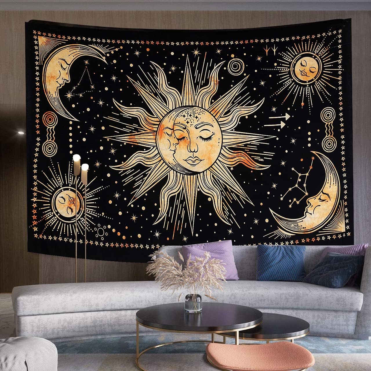 Wandteppich Sonne Mond Stern spirituell ästhetisch Regenbogen Baumwolle Zuhause – Accessoires und Dekorationen Naty Shop Gelb 102 L x 77 B cm
