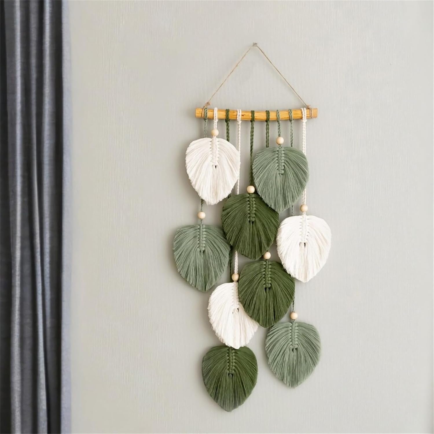 Wandteppich, Wandteppich, Holzperlen, grüne Blätter, handgefertigt, Zuhause – Accessoires und Dekorationen, Naty Shop