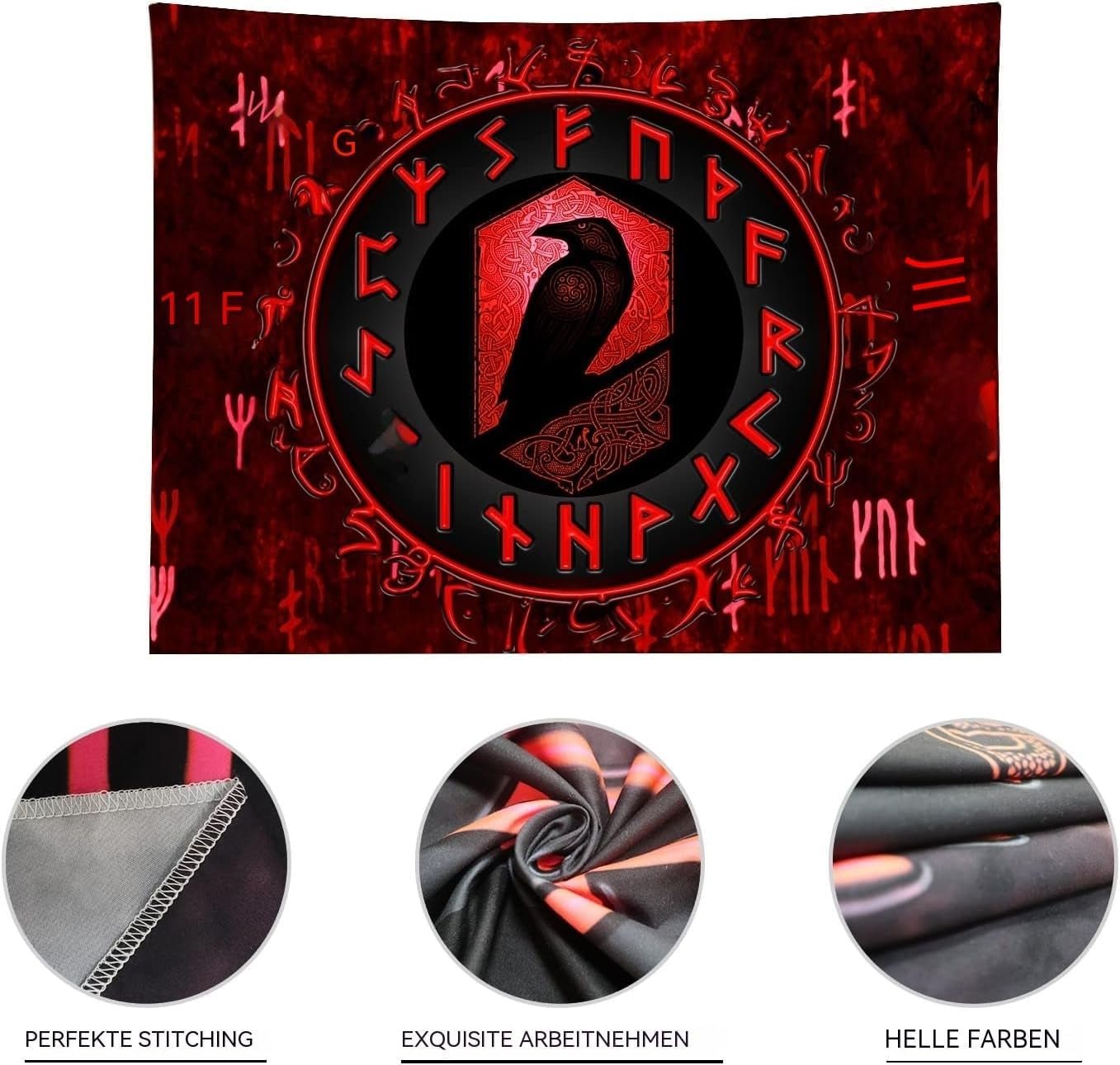 Wikinger-Wandteppich, Schwarzlicht, reaktiv, rot, Meditation, Runen, Odins, Zuhause – Accessoires und Dekorationen, Naty Shop