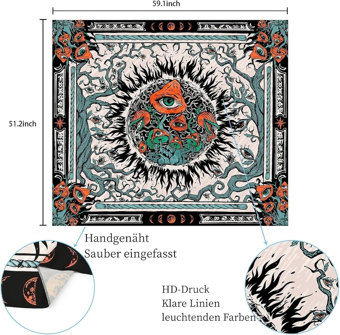 Wandteppich, Yrenendenge, Pilze, Sonnenbrand, Leinwand, Hippie-Augen, Zuhause – Accessoires und Dekorationen, Naty Shop
