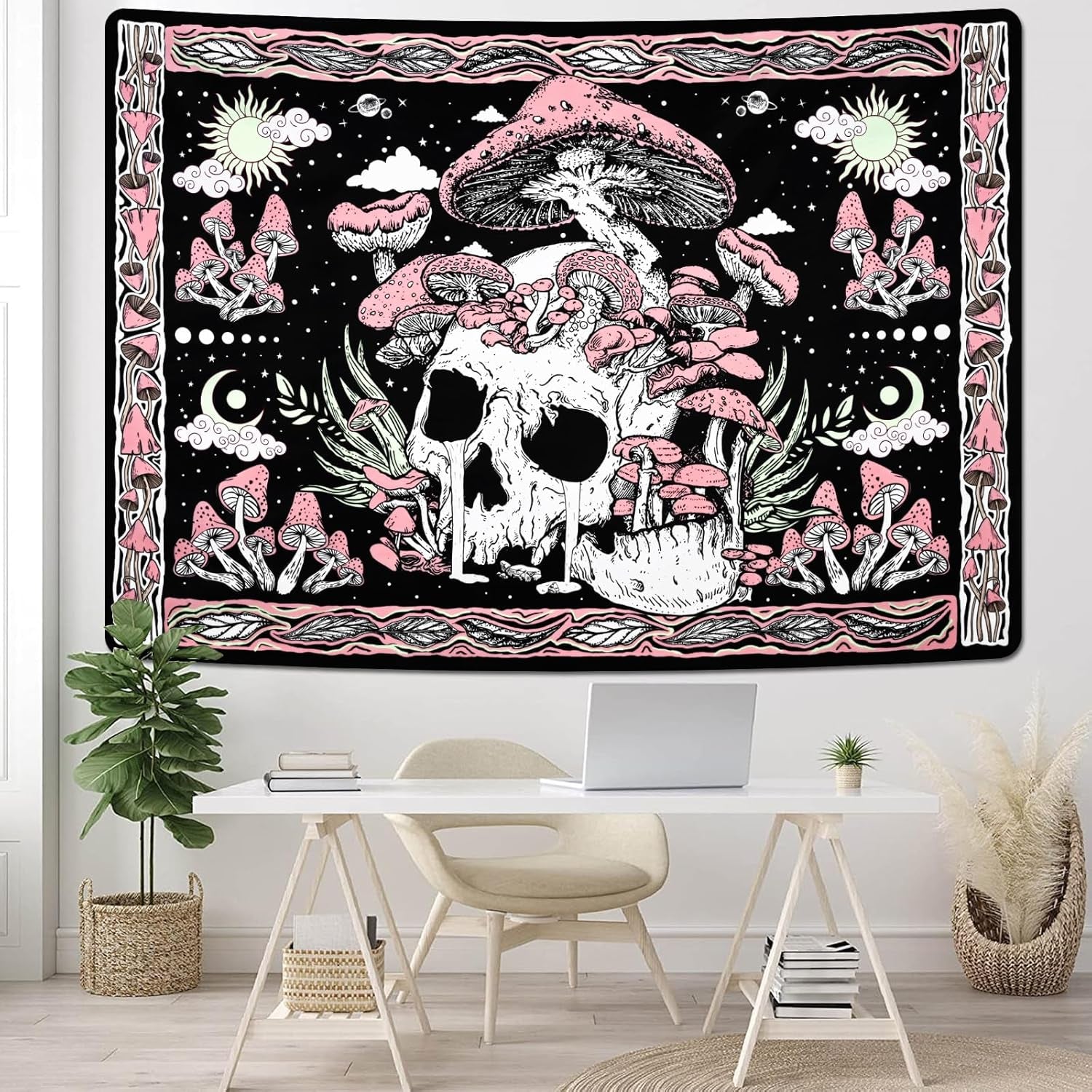 Gobelin Yugarlibi rosa Totenkopf Pilze Skelett Zuhause – Accessoires und Dekorationen Naty Shop