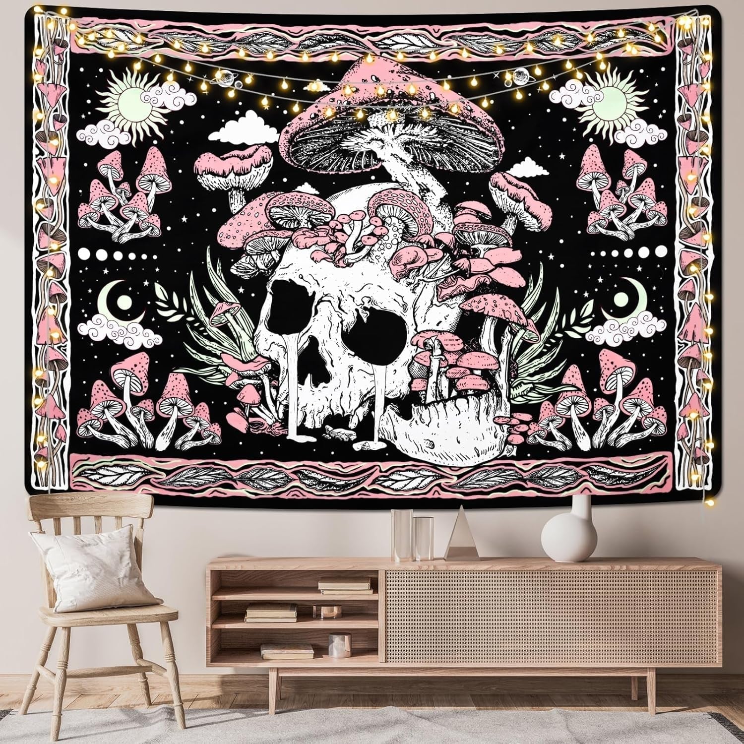 Gobelin Yugarlibi rosa Totenkopf Pilze Skelett Zuhause – Accessoires und Dekorationen Naty Shop