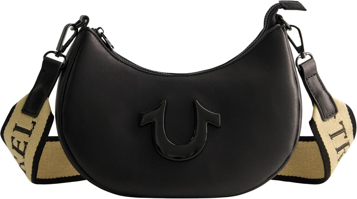 True Religion Damen-Umhängetasche, halbmondförmige Hobo-Handtasche mit verstellbarem, abnehmbarem Riemen und Hufeisen-Logo, Damentaschen, Naty Shop, Schwarz