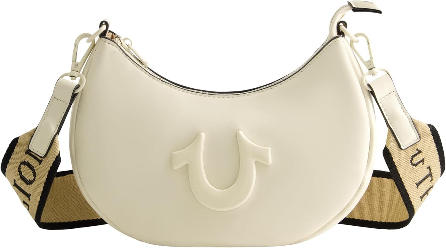 True Religion Damen-Umhängetasche, halbmondförmige Hobo-Handtasche mit verstellbarem, abnehmbarem Riemen und Hufeisen-Logo, Damentaschen, Naty Shop, Elfenbeinfarben