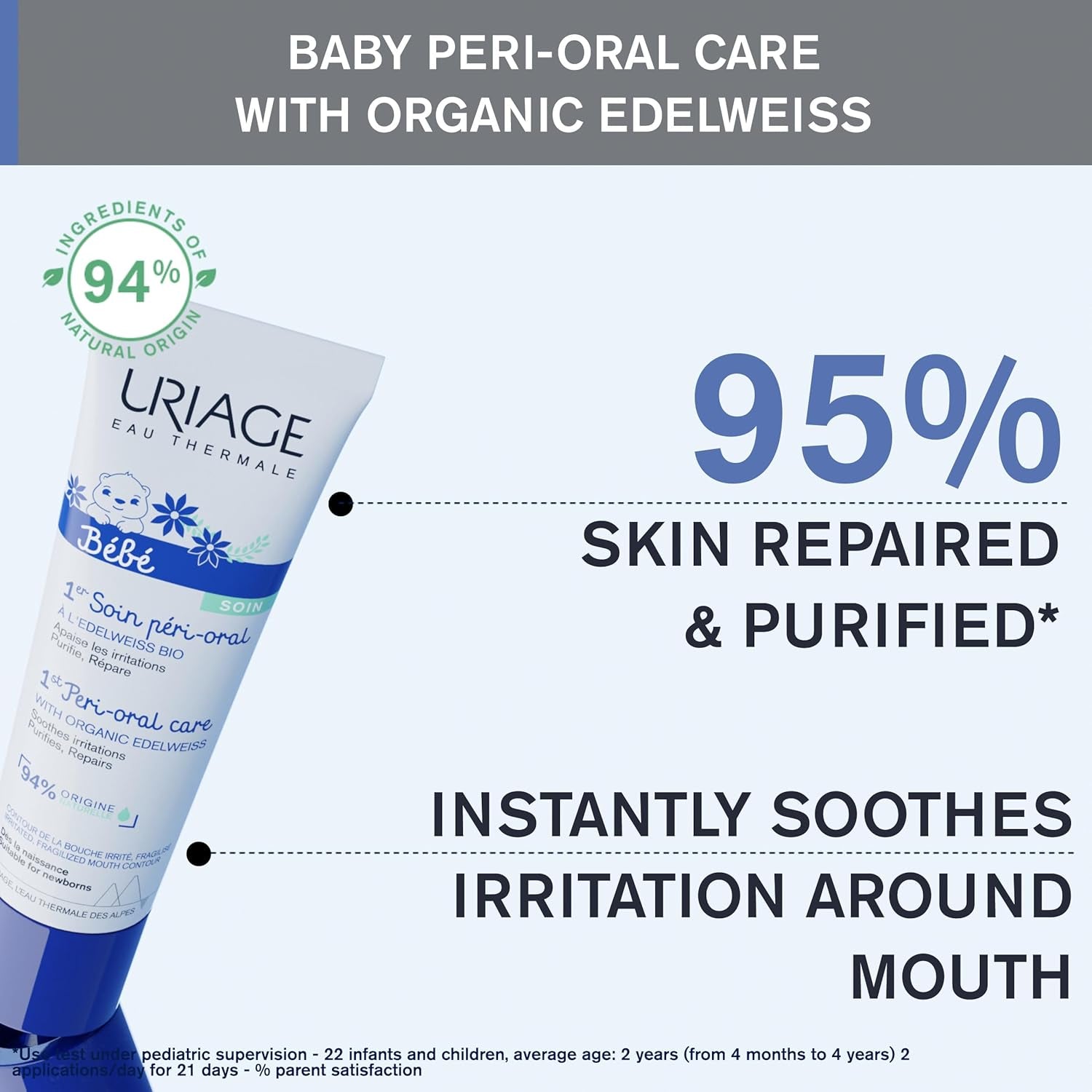 Uriage Baby Peri-Oral Care mit Bio-Edelweiß und Kupfer-Zink, 30 ml – lindert sofort Reizungen – repariert und reinigt die Haut – zieht schnell ein – parfümfrei – 94 % Inhaltsstoffe natürlichen Ursprungs. Kinder – Bade- und Hautpflege Naty Shop