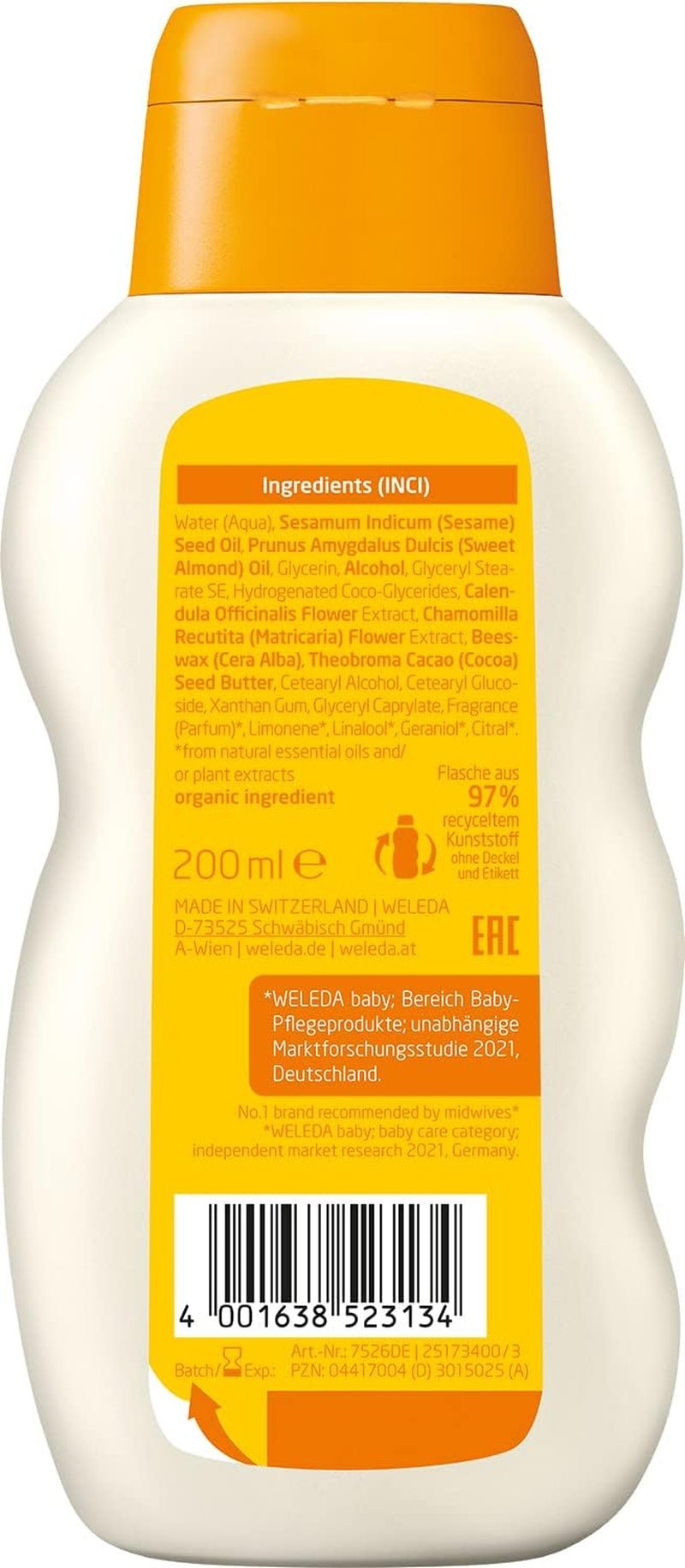 WELEDA Bio Baby Calendula Pflegemilch – Naturkosmetische Körperlotion mit Mandelöl und Bienenwachs zur Pflege und Reinigung trockener Babyhaut. Zarte Hautpflegelotion für Babys und Kinder (1x 200 ml) Kinder - Bade- und Hautpflege Naty Shop