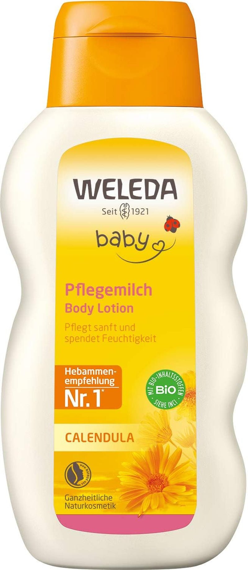 WELEDA Bio Baby Calendula Pflegemilch – Naturkosmetische Körperlotion mit Mandelöl und Bienenwachs zur Pflege und Reinigung trockener Babyhaut. Zarte Hautpflegelotion für Babys und Kinder (1x 200 ml) Kinder - Bade- und Hautpflege Naty Shop Standardtitel
