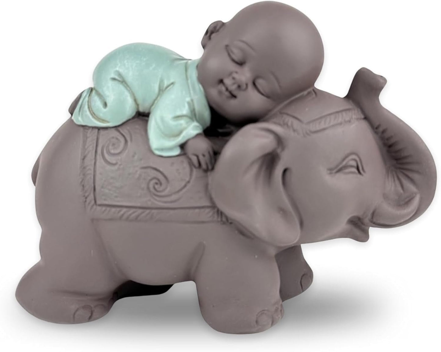 Zen'Light-Statue Buddha Bonze, der auf einem Elefanten schläft – Zen-Atmosphäre in Ihrem heiligen Raum – wunderschöne glückverheißende Figur – H 9,5 cm, braun und grün. Statuetten und Skulpturen Naty Shop Standardtitel