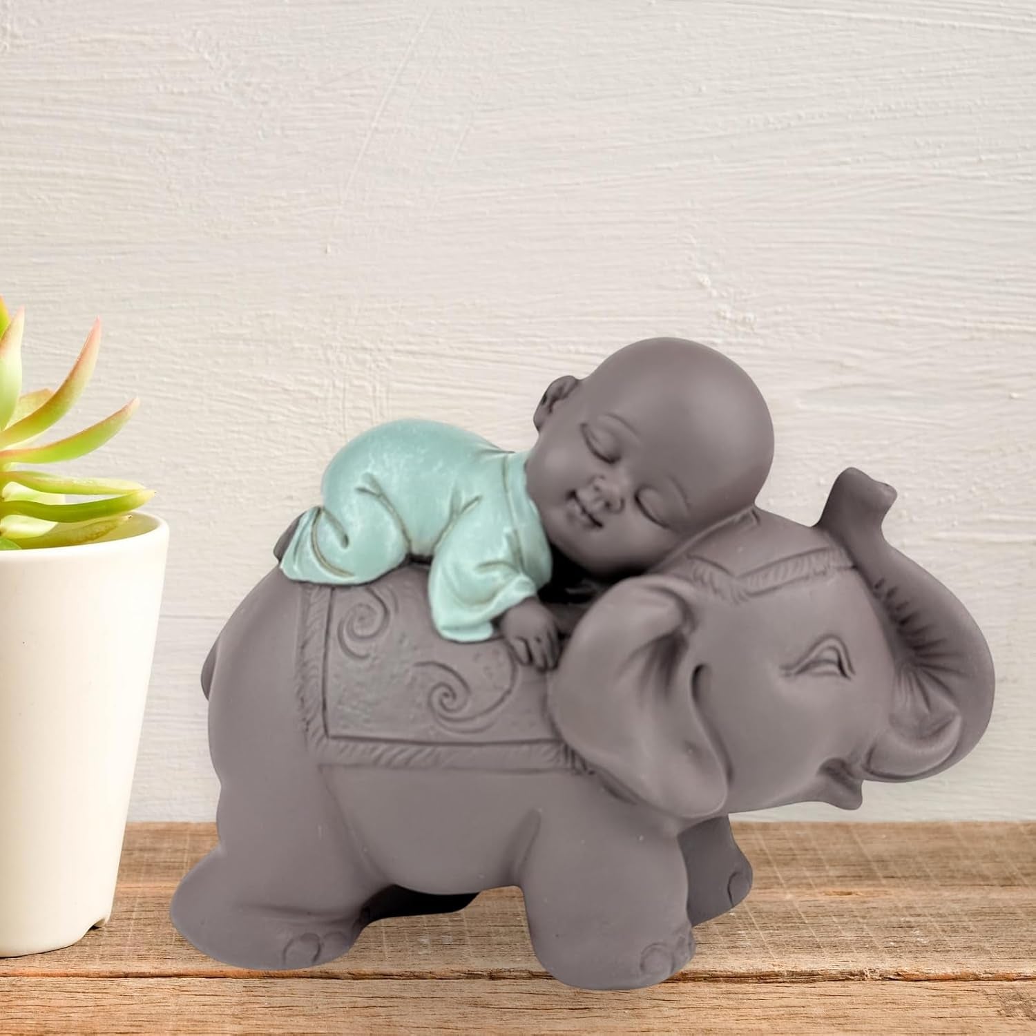 Zen'Light-Statue Buddha Bonze, der auf einem Elefanten schläft – Zen-Atmosphäre in Ihrem heiligen Raum – wunderschöne glückverheißende Figur – H 9,5 cm, braun und grün. Statuetten und Skulpturen von Naty Shop
