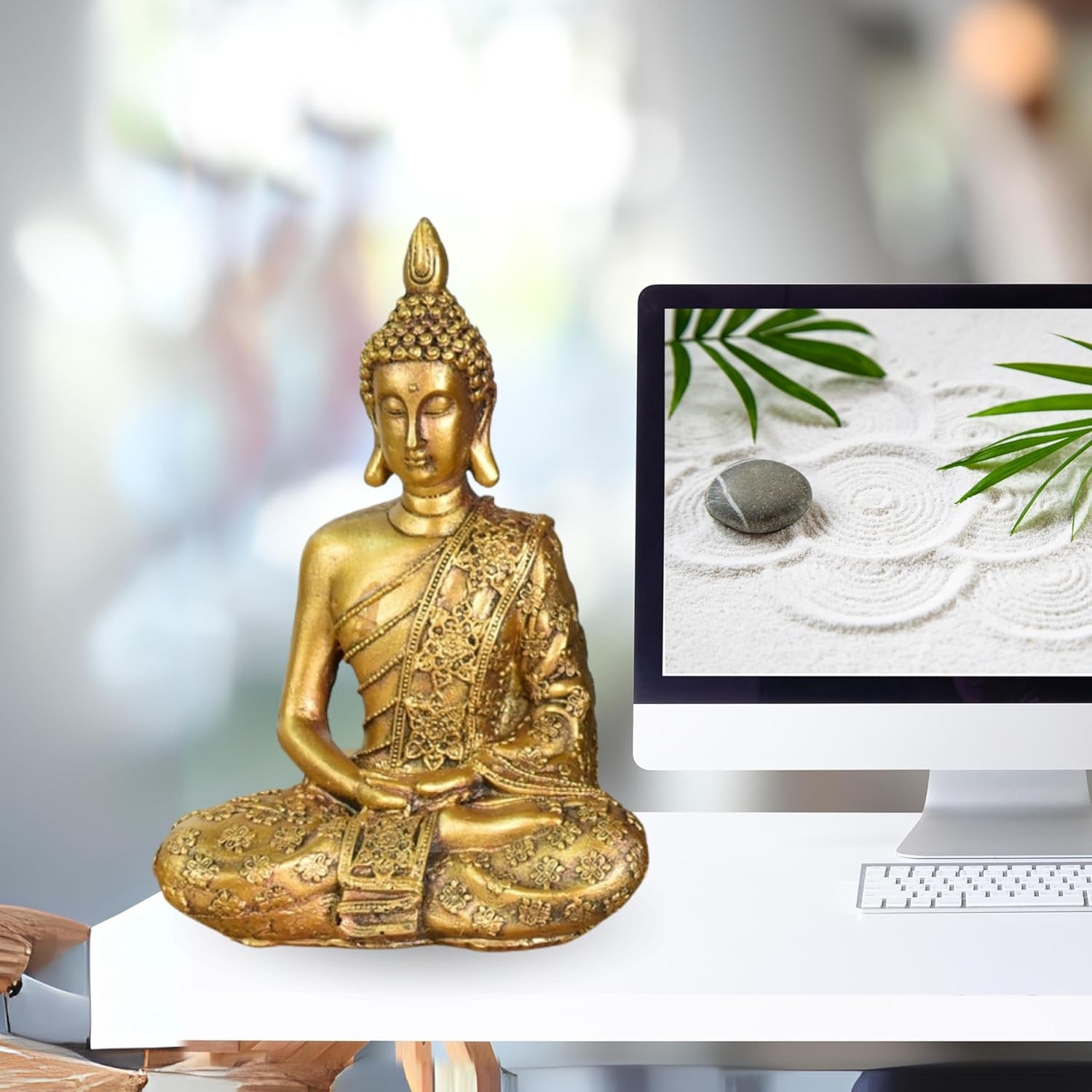 Zen'Light - Statuette mit Buddha-Kopf Sanci - Dekoration für Zen, Meditation und Feng Shui - Geschenk für eine entspannende und spirituelle Atmosphäre - Buddha-Statue - Höhe: 18 cm - Farbe: Gold Statuetten und Skulpturen Naty Shop