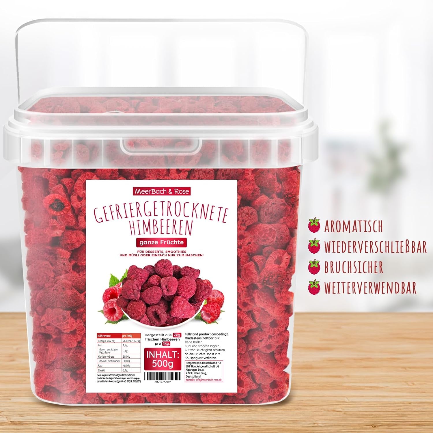 Gefriergetrocknete Himbeeren, KEINE chinesischen Produkte, 500g gefriergetrocknete ganze Früchte, ohne Zusatzstoffe, fruchtig, hergestellt in Deutschland. Trockenprodukte Naty Shop