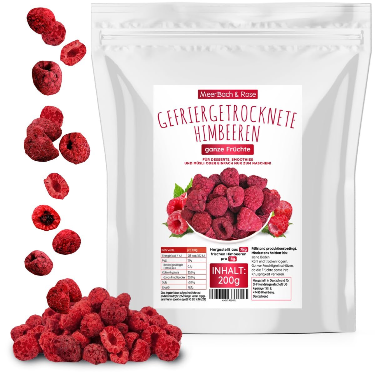 Gefriergetrocknete Himbeeren, KEINE chinesischen Produkte, 500g gefriergetrocknete ganze Früchte, ohne Zusatzstoffe, fruchtig, hergestellt in Deutschland. Dehydrierte Produkte Naty Shop 200